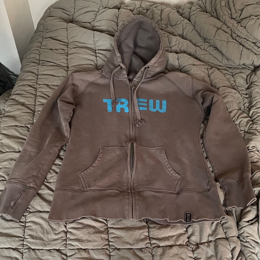 TREW Grey Zip Hoodie with Blue Logo